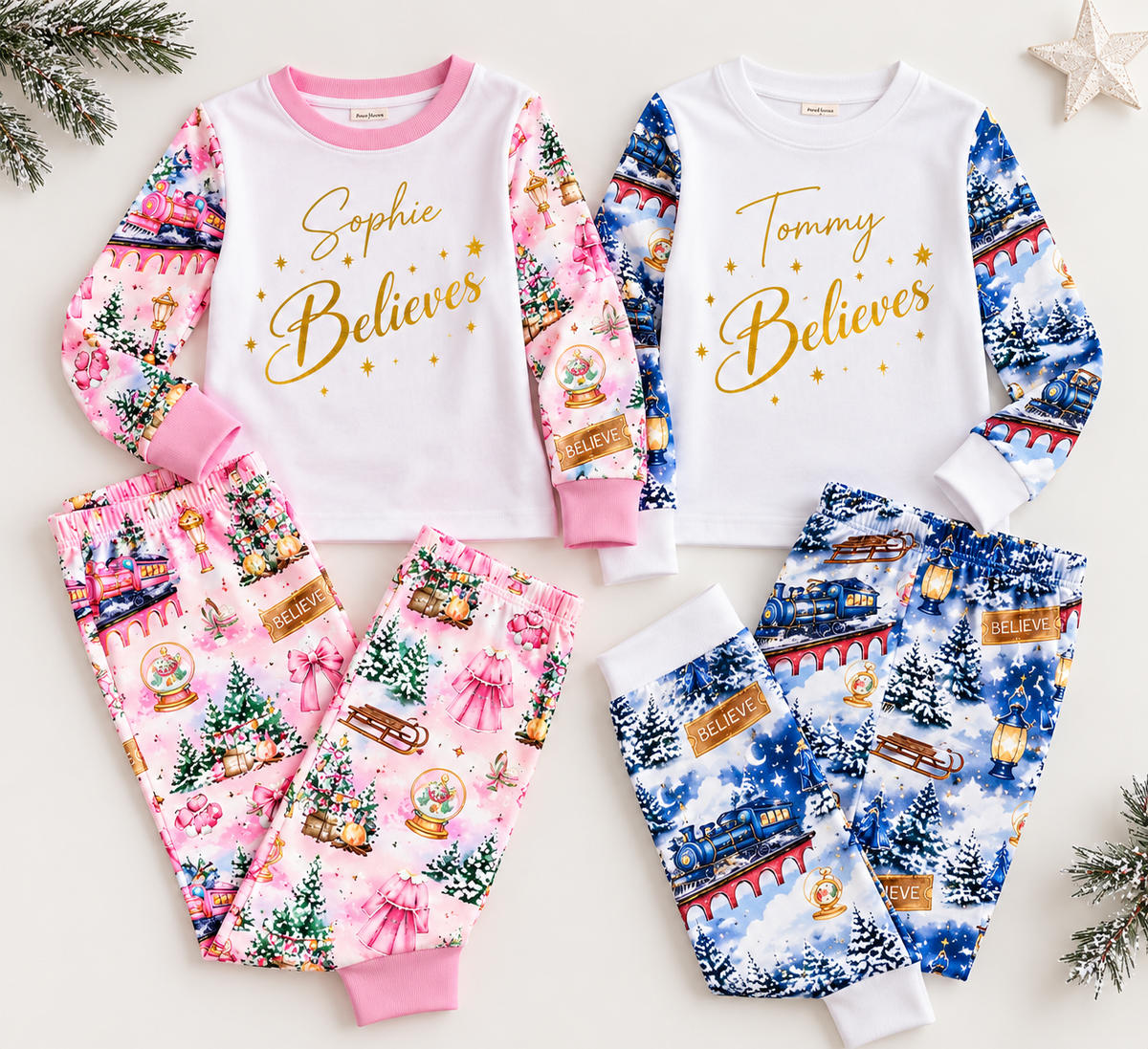 Personalised Family Christmas Pyjamas | Pink & Blue Believe Sets