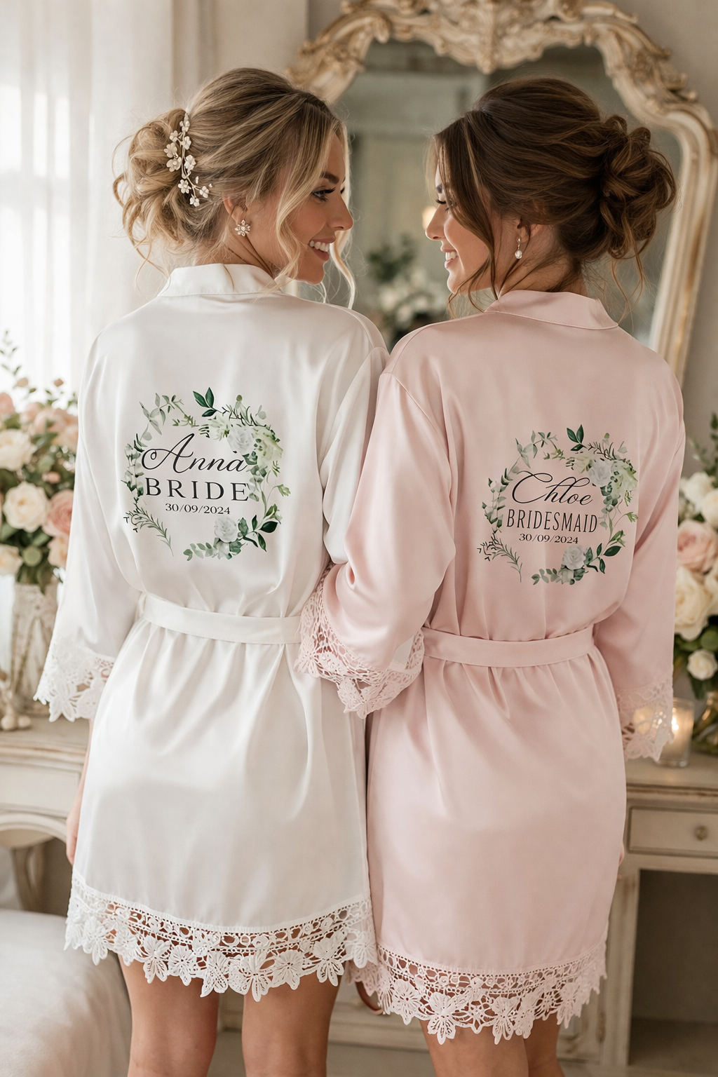Personalised Bridal Party Robes with Lace Trim - Bridesmaid, Bride, Maid Honour