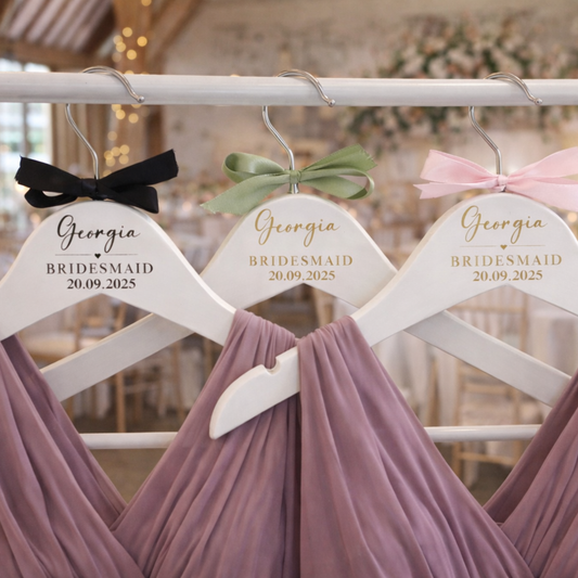 Personalised white wooden bridesmaid hangers with ribbon - wedding dress hanger - customised hangers for bridal party