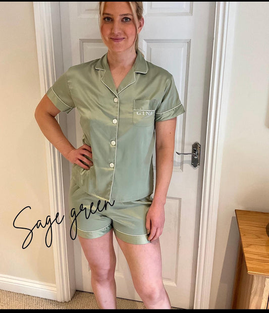 Green Satin Pyjama Set for bridesmaid - Short Sleeve Bridal Sleepwear