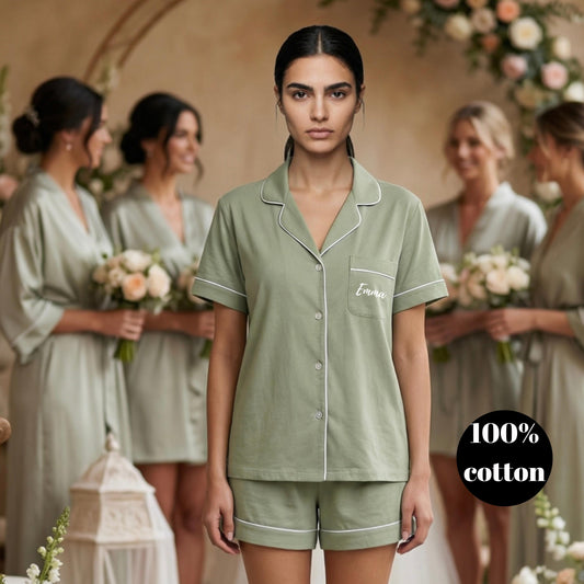 Bridesmaid Cotton Short Pyjamas Bridal Party Gift - Sage green pj set- pink pyjama set