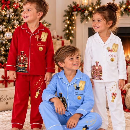 Personalised Kids Cotton Christmas Train Pyjamas, Boys & Girls Festive PJS