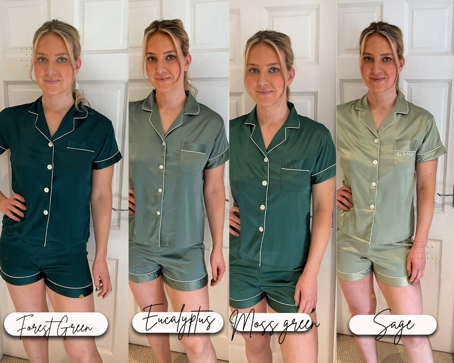 Green satin bridesmaid pjs, Sage green satin wedding pj sets, Dark green satin pyjamas, Green birthday pjs, gift for bridal party, satin pjs