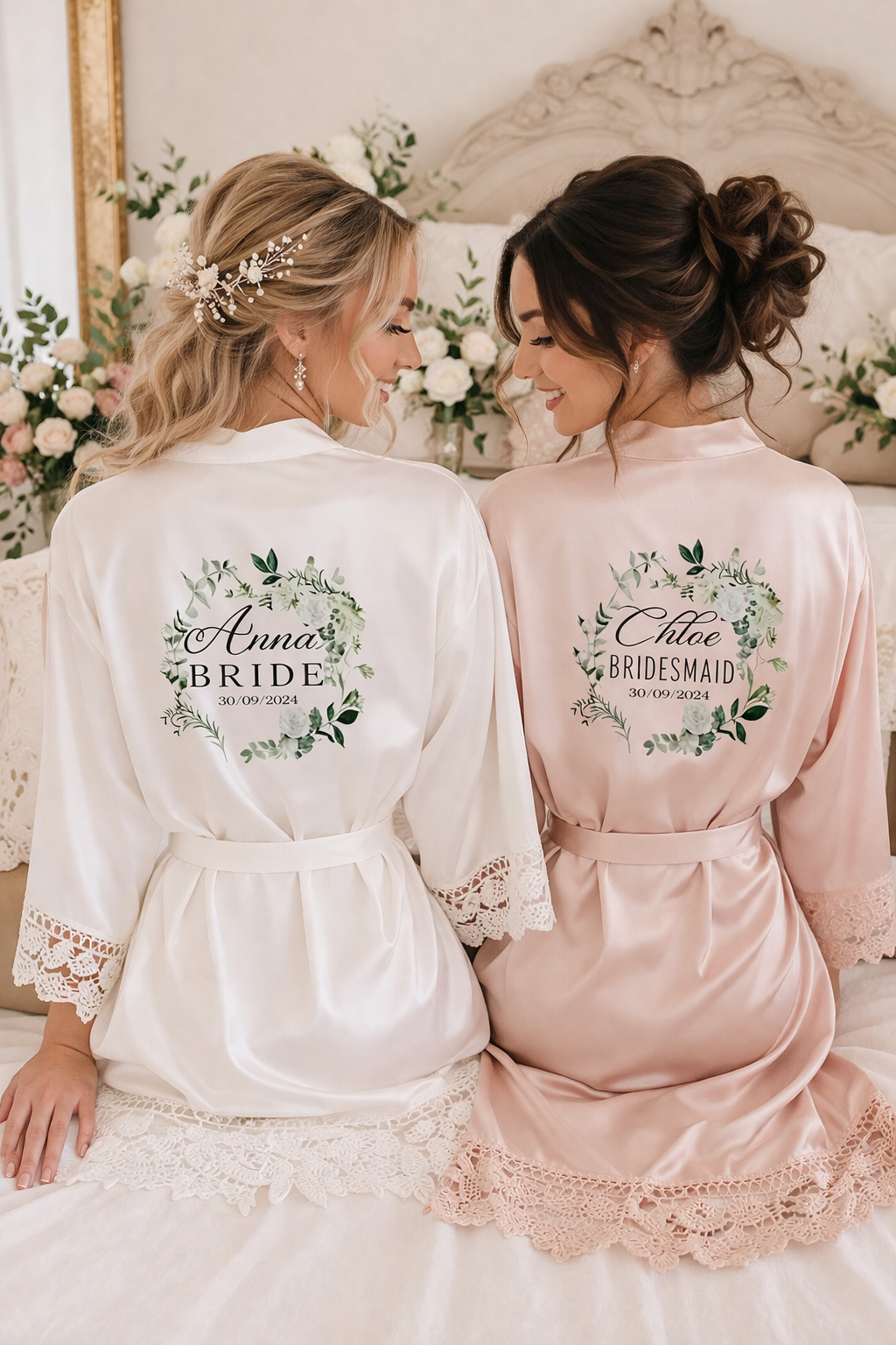 Personalised Bridal Party Robes with Lace Trim - Bridesmaid, Bride, Maid Honour