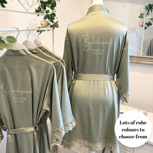 Personalised Bridesmaid Satin Robe – Lace Trim Bridal Party Gift