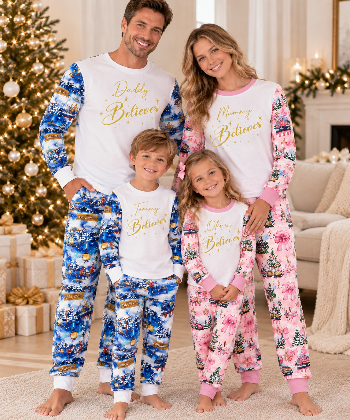 Personalised Family Christmas Pyjamas | Pink & Blue Believe Sets
