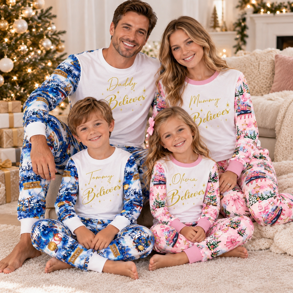 Personalised Family Christmas Pyjamas | Pink & Blue Believe Sets