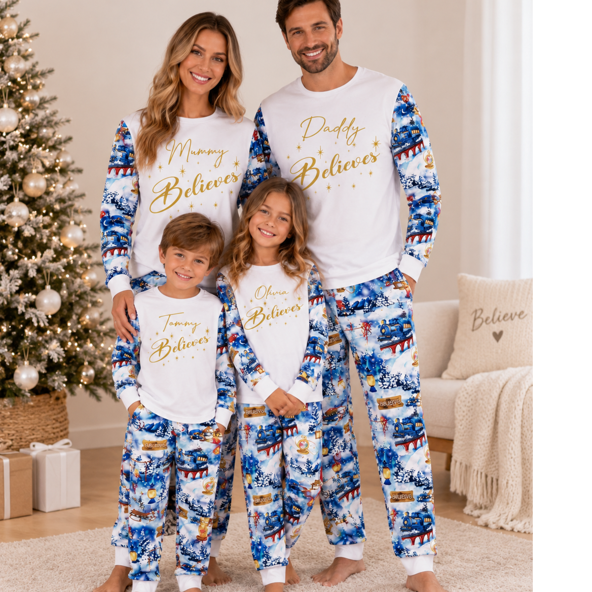 Personalised Family Christmas Pyjamas | Pink & Blue Believe Sets