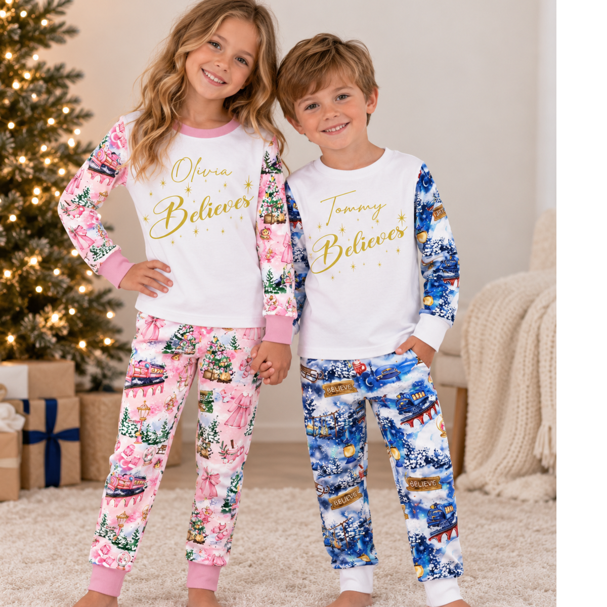 Personalised Family Christmas Pyjamas | Pink & Blue Believe Sets