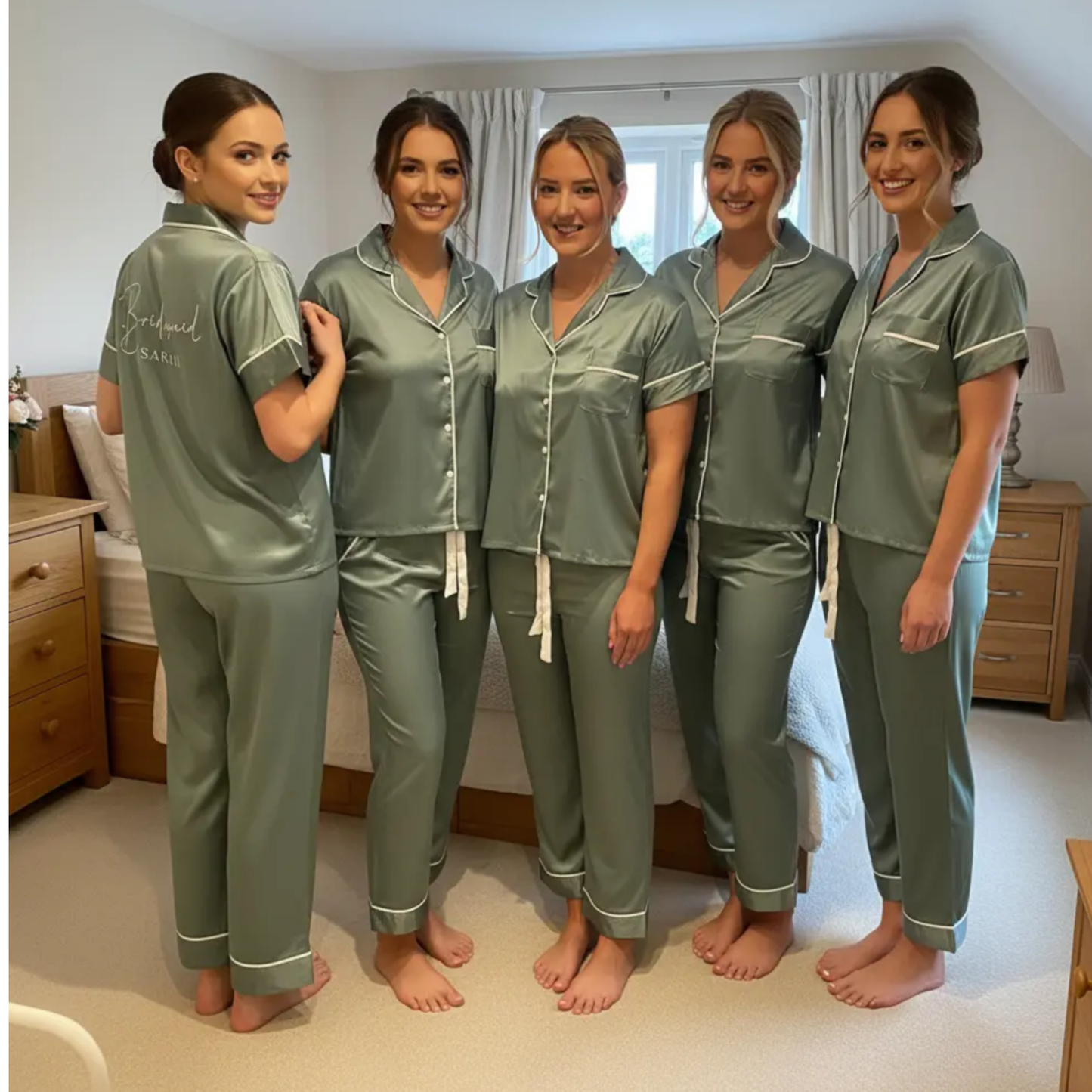 Bridesmaid matte satin long trouser short sleeved Pyjama Set, custom wedding pyjamas