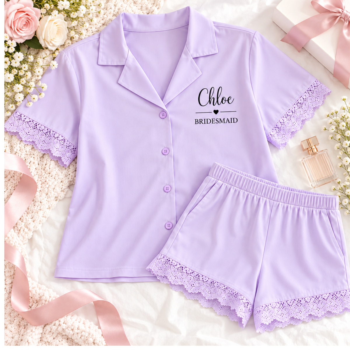 Personalised Bridesmaid Lilac Cotton pjs with lace