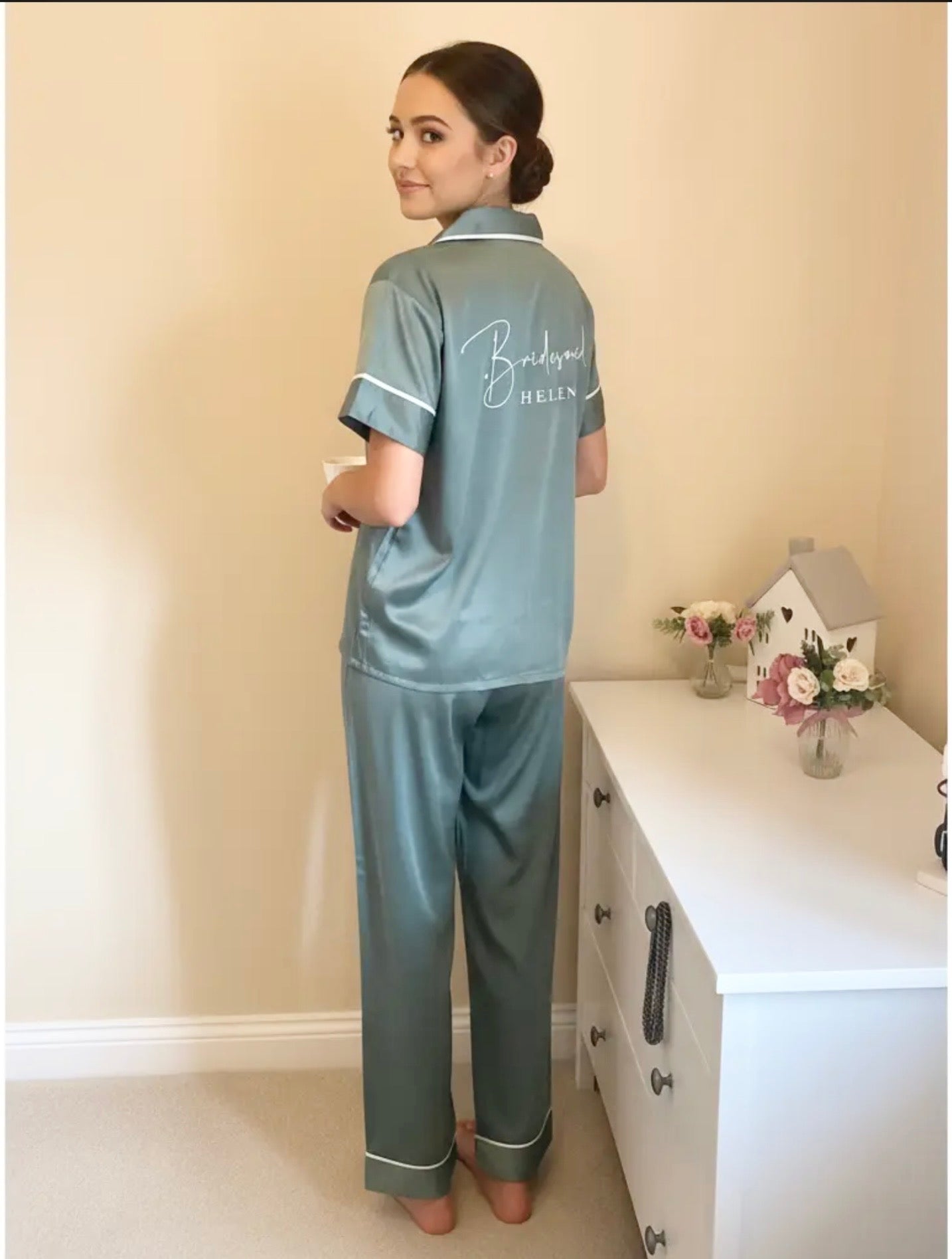 Personalised bridal Satin Pyjamas, Long Trouser PJs, Bridesmaid Gift
