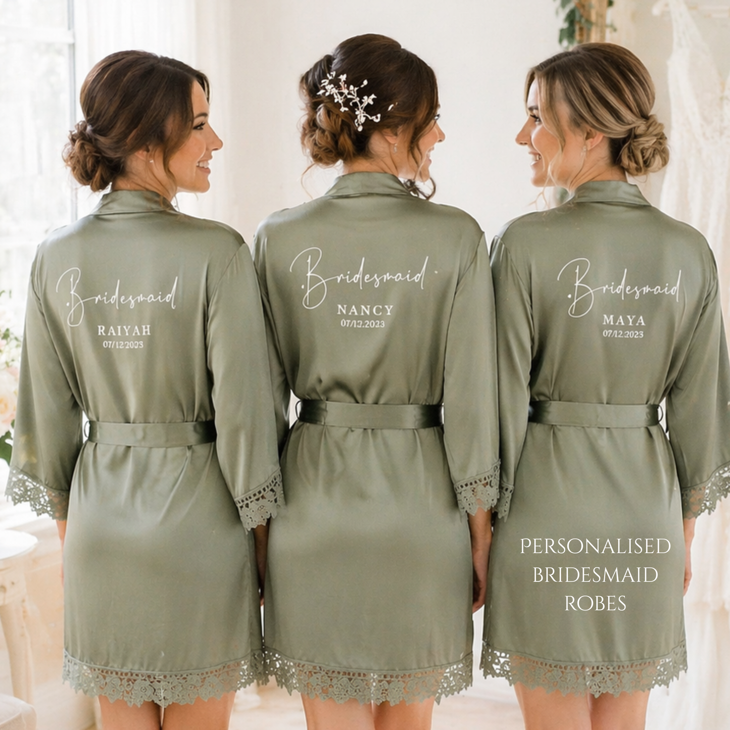 Personalised Bridesmaid Satin Robe – Lace Trim Bridal Party Gift