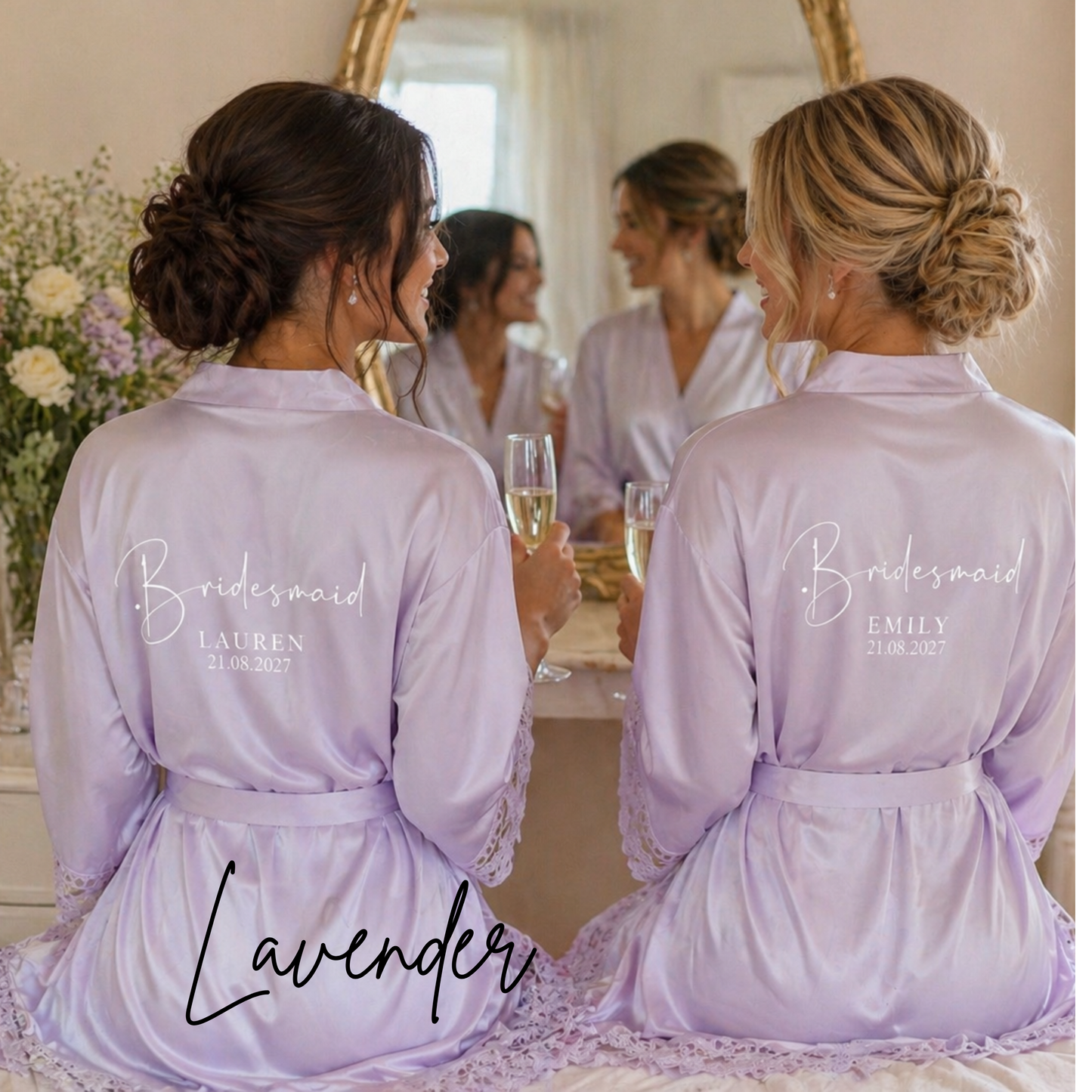 Personalised Bridesmaid Satin Robe – Lace Trim Bridal Party Gift