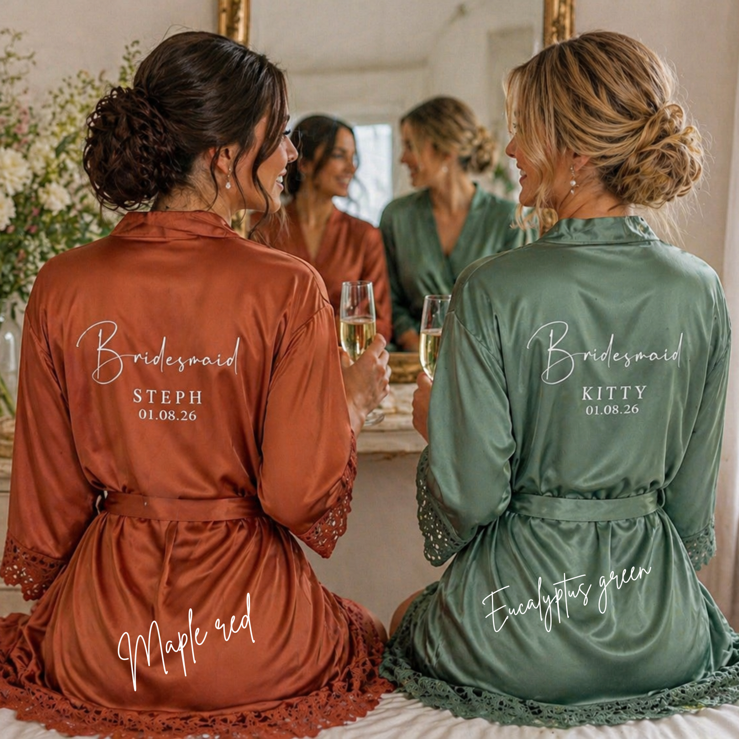 Personalised Bridesmaid Satin Robe – Lace Trim Bridal Party Gift