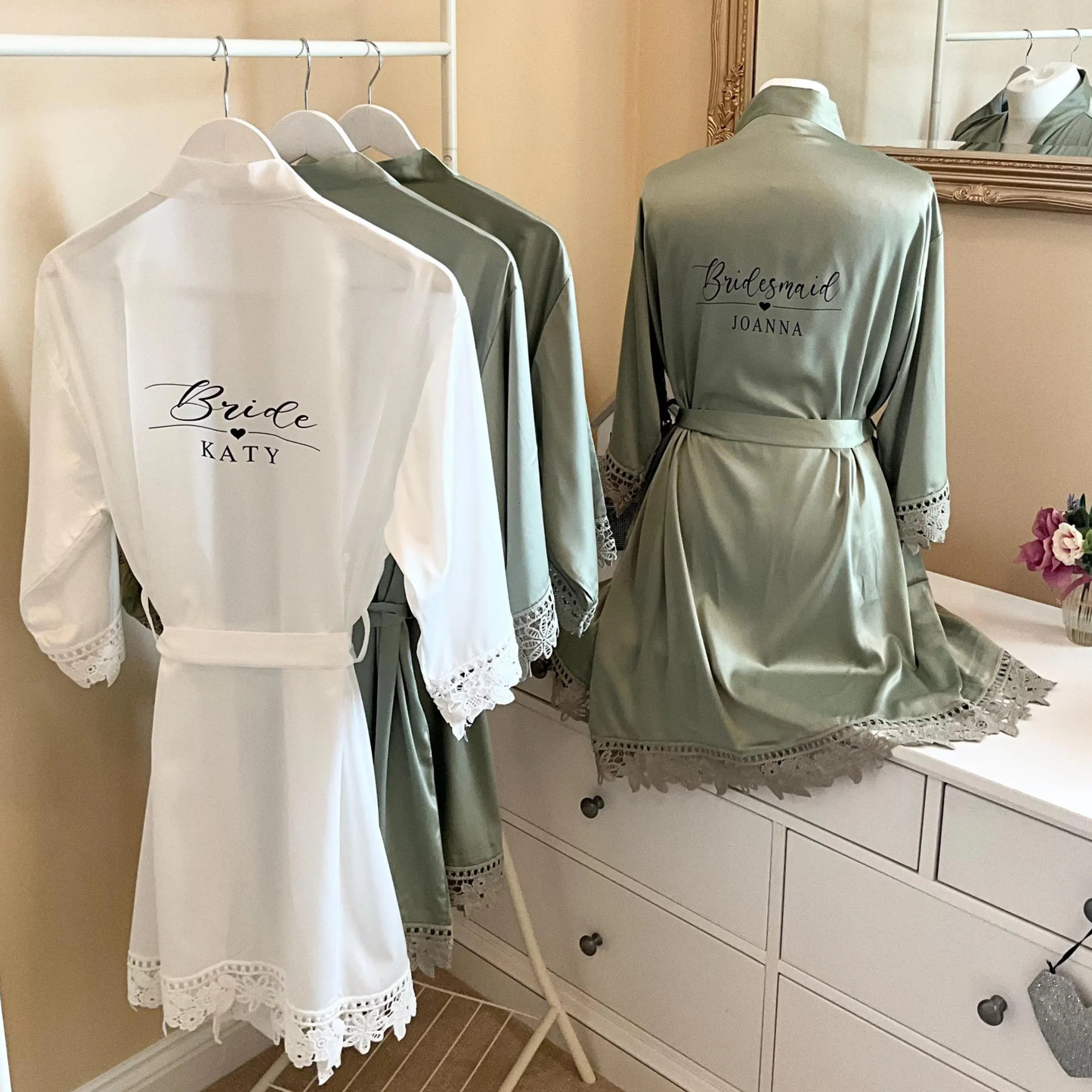 Bridesmaid Lace Robes Personalised – Satin Bridal Party Robes, Custom Bride Robe, Wedding Getting Ready Outfit