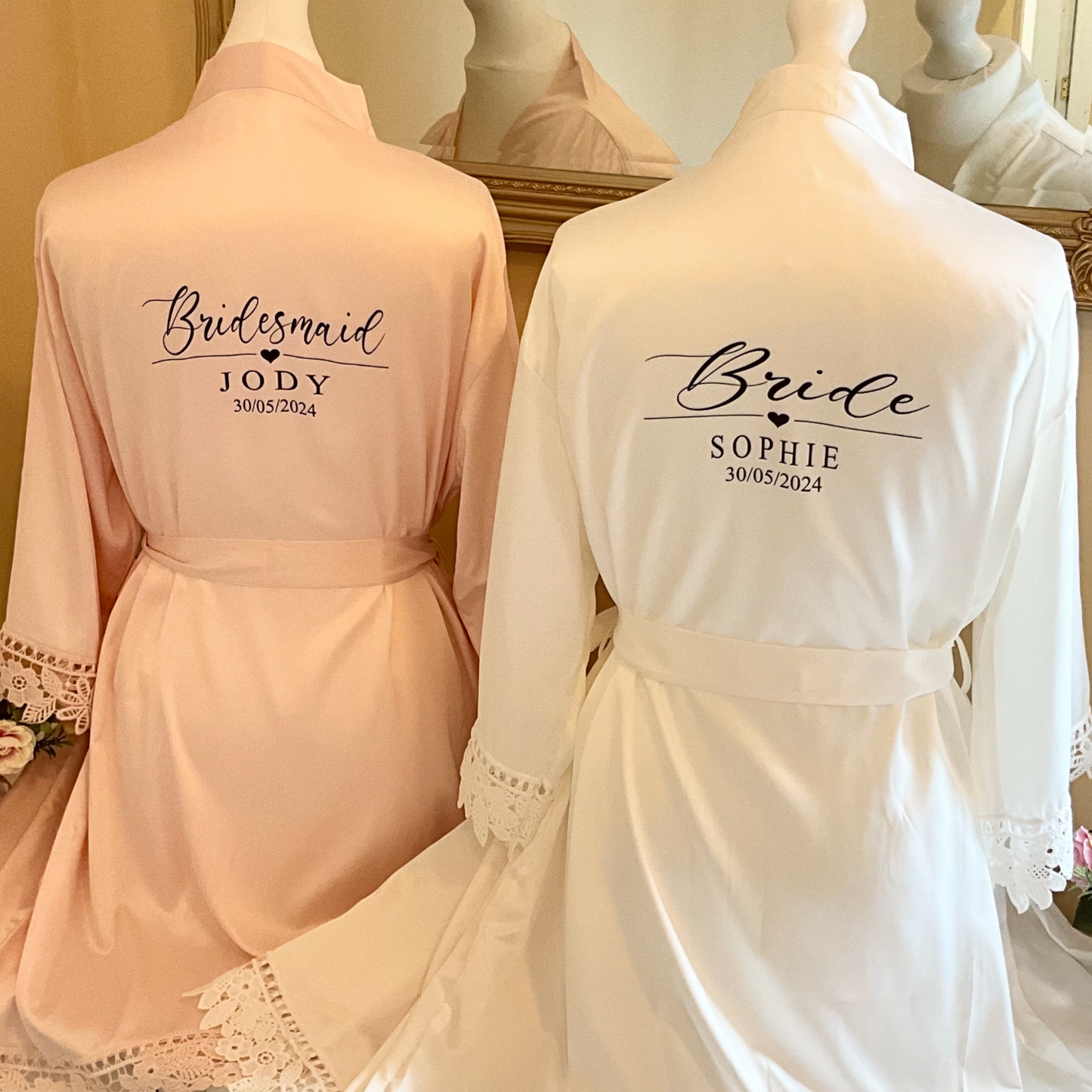 Bridesmaid Lace Robes Personalised – Satin Bridal Party Robes, Custom Bride Robe, Wedding Getting Ready Outfit