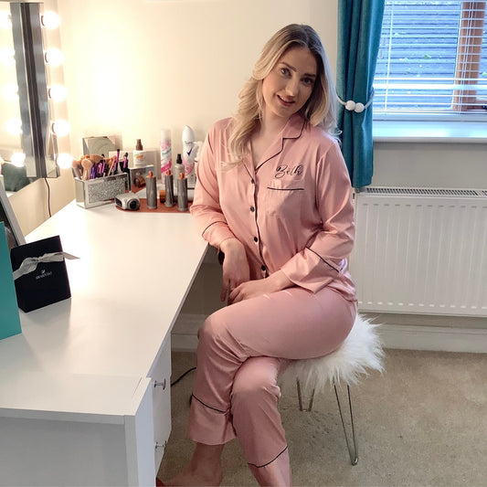 Personalised long trouser satin pj set BETH, long trouser satin pyjamas, bridesmaid satin pj set with long trousers and long sleeves, bride