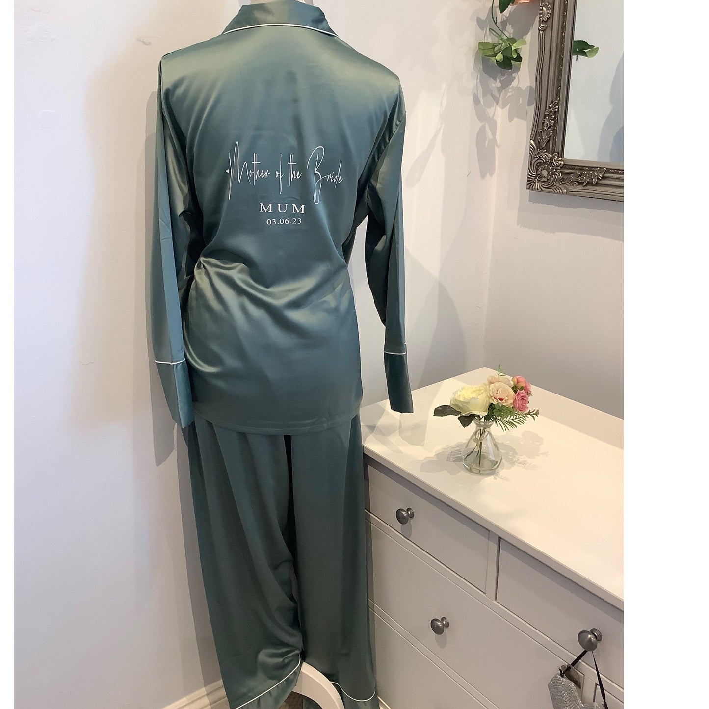 Personalised long trouser satin pj set BETH, long trouser satin pyjamas, bridesmaid satin pj set with long trousers and long sleeves, bride