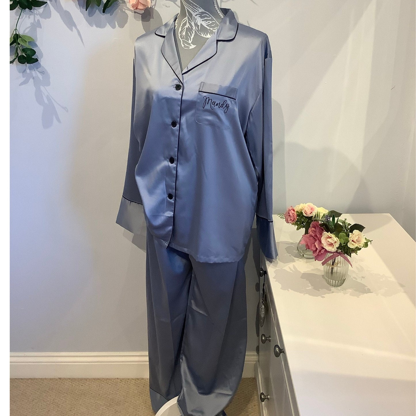 Personalised long trouser satin pj set BETH, long trouser satin pyjamas, bridesmaid satin pj set with long trousers and long sleeves, bride