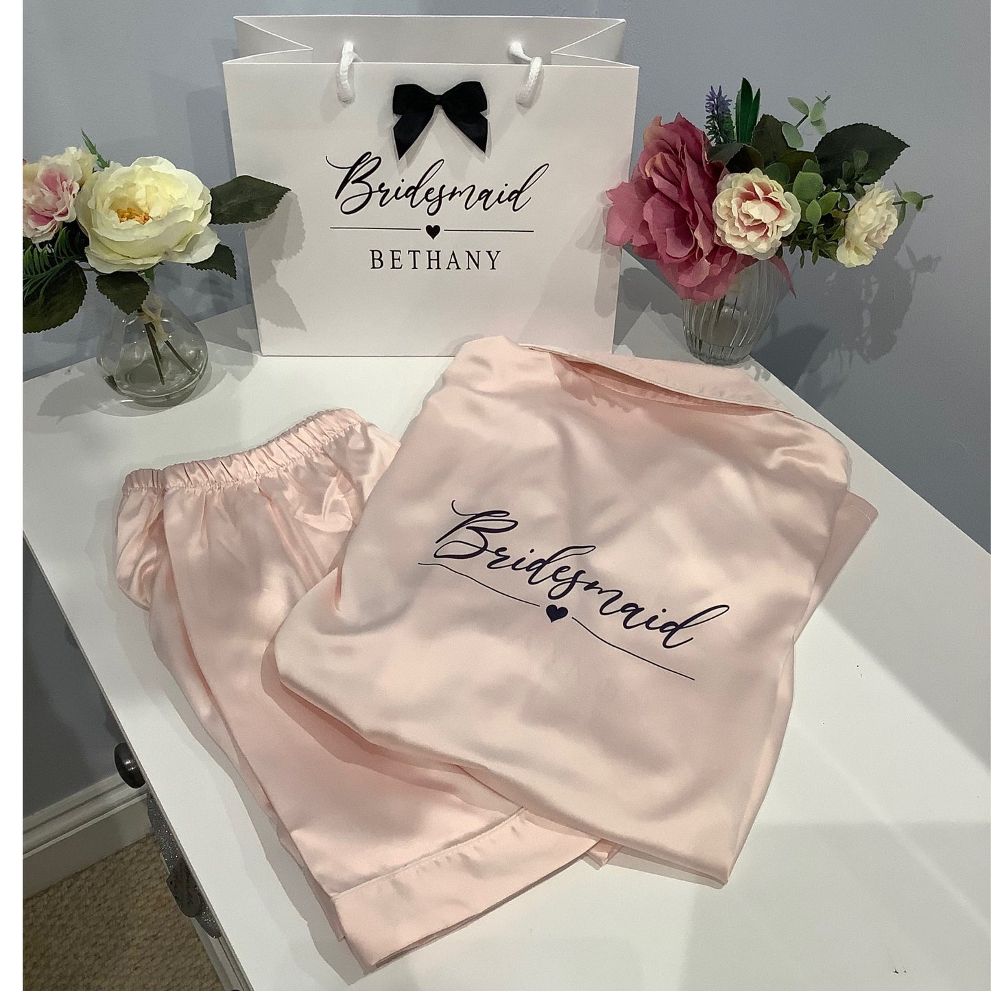 Personalised wedding pjs, bridesmaid satin pyjamas, bridal short pj set