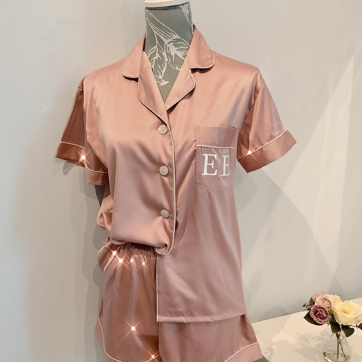 Personalised Satin Bridesmaid PJs, Short Sleeve Pyjamas, Bridal Party Gift, navy silky nightwear
