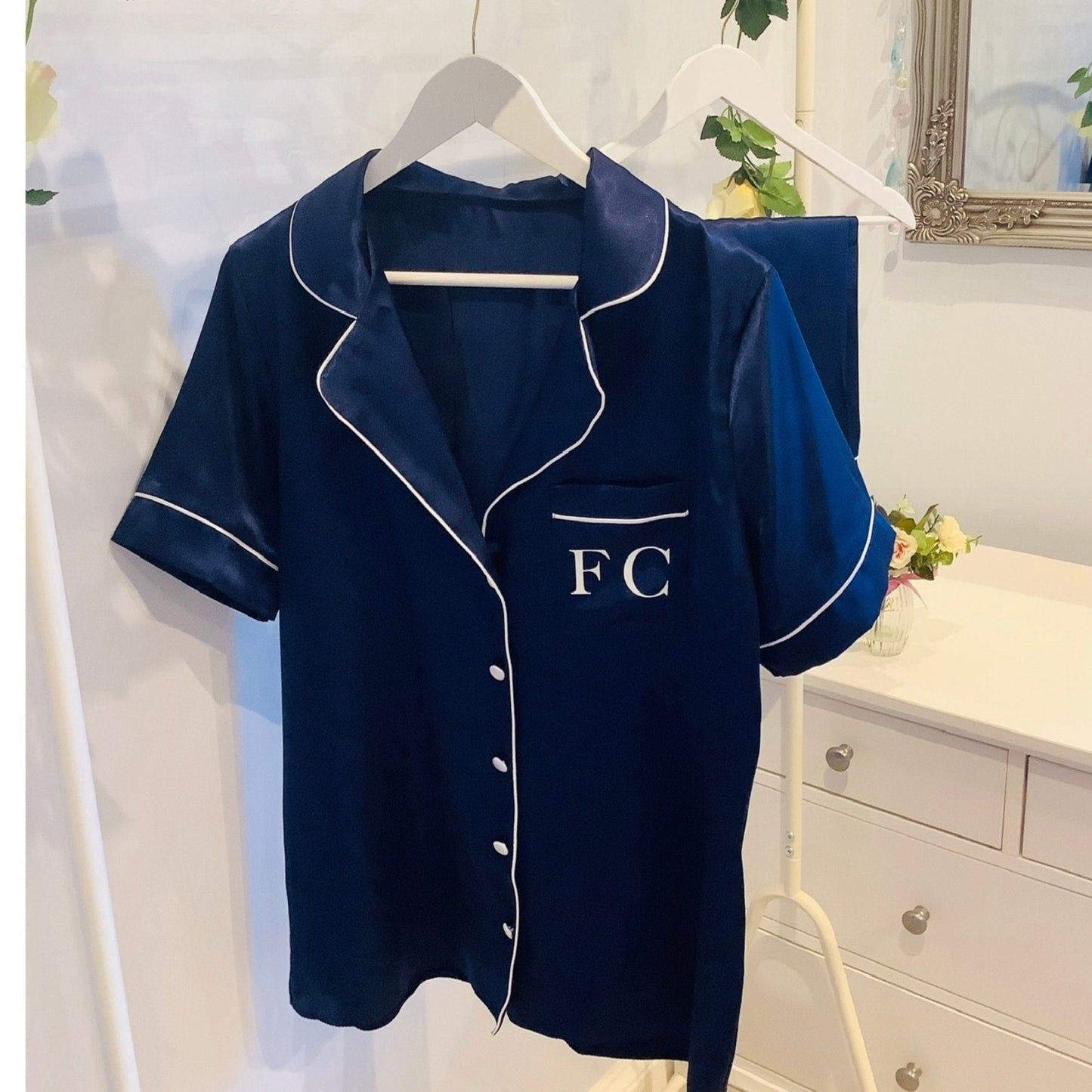 Personalised Satin Bridesmaid PJs, Short Sleeve Pyjamas, Bridal Party Gift, navy silky nightwear