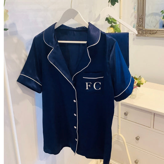 Personalised Satin Bridesmaid PJs, Short Sleeve Pyjamas, Bridal Party Gift, navy silky nightwear