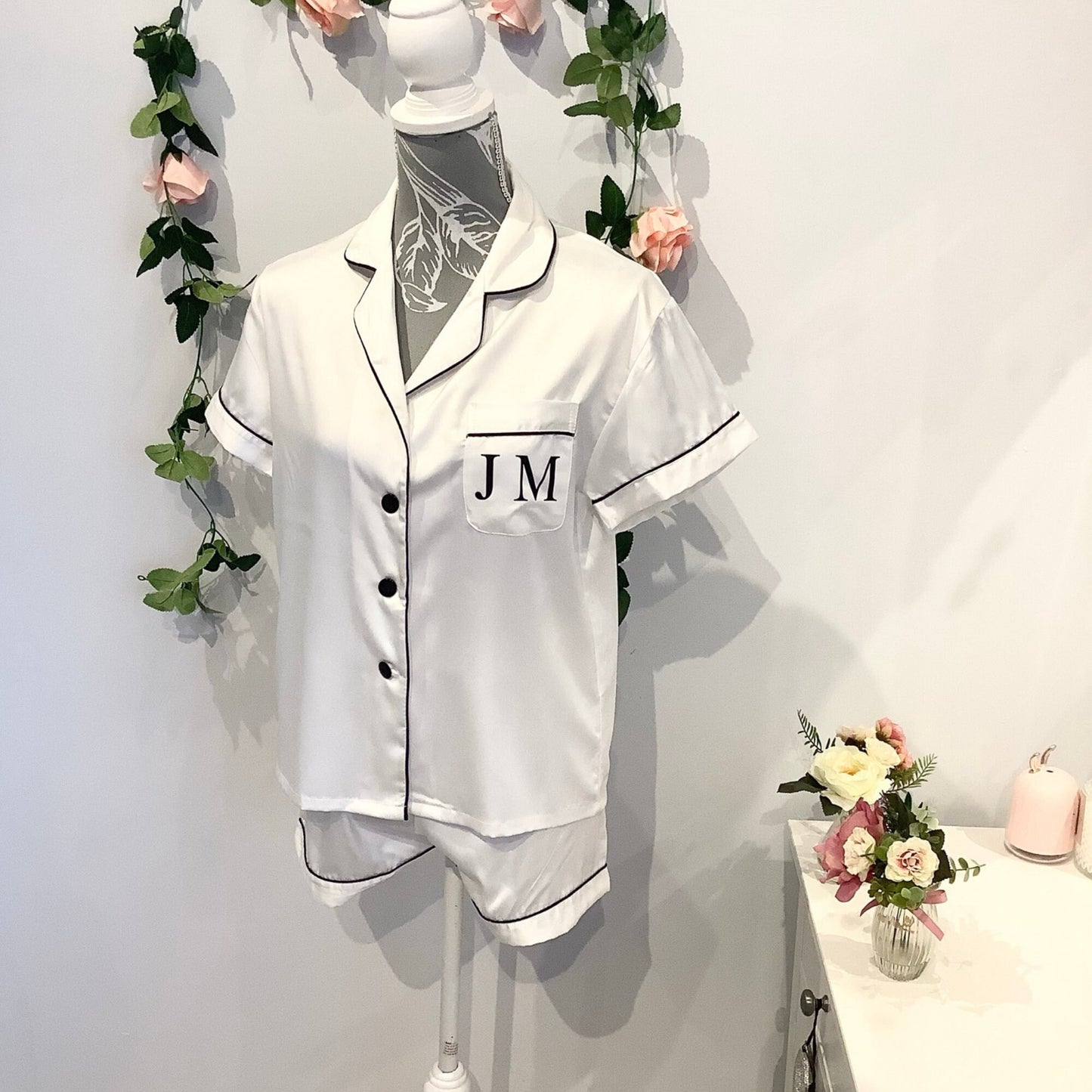 Personalised Satin Bridesmaid PJs, Short Sleeve Pyjamas, Bridal Party Gift, navy silky nightwear