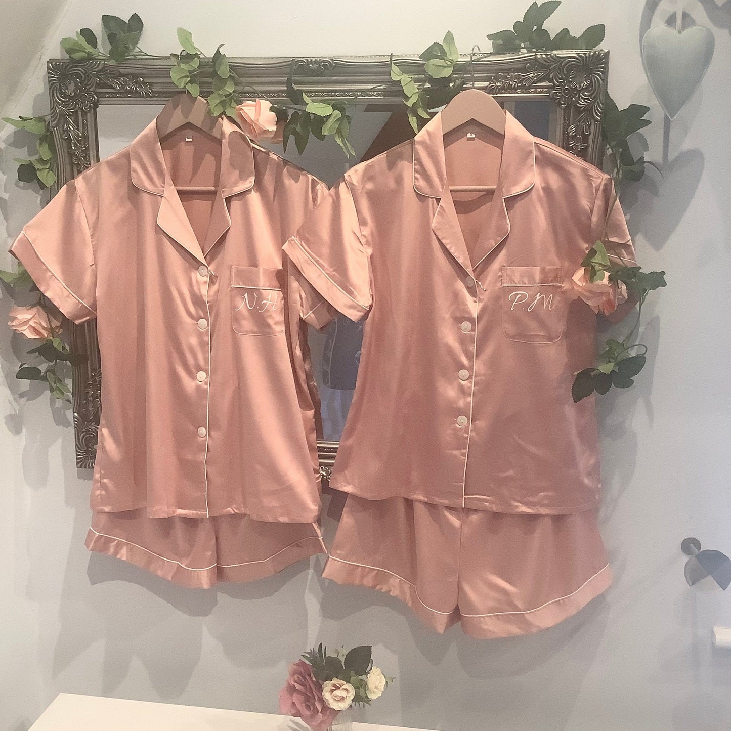 Personalised Satin Bridesmaid PJs, Short Sleeve Pyjamas, Bridal Party Gift, navy silky nightwear