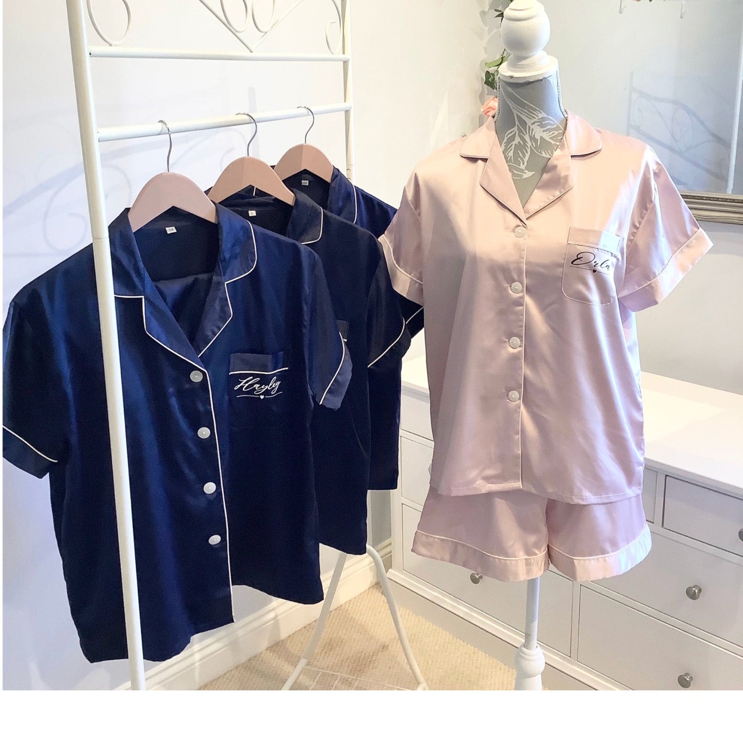 Personalised wedding pjs, bridesmaid satin pyjamas, bridal short pj set