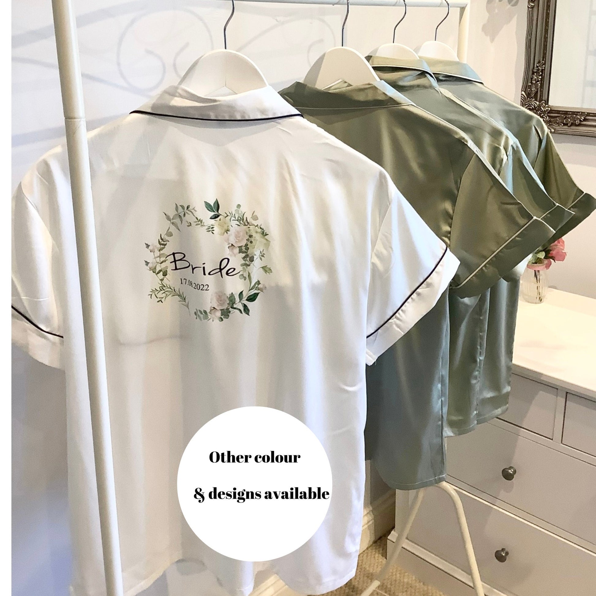 Personalised floral bridesmaid satin pyjamas with custom names and roles