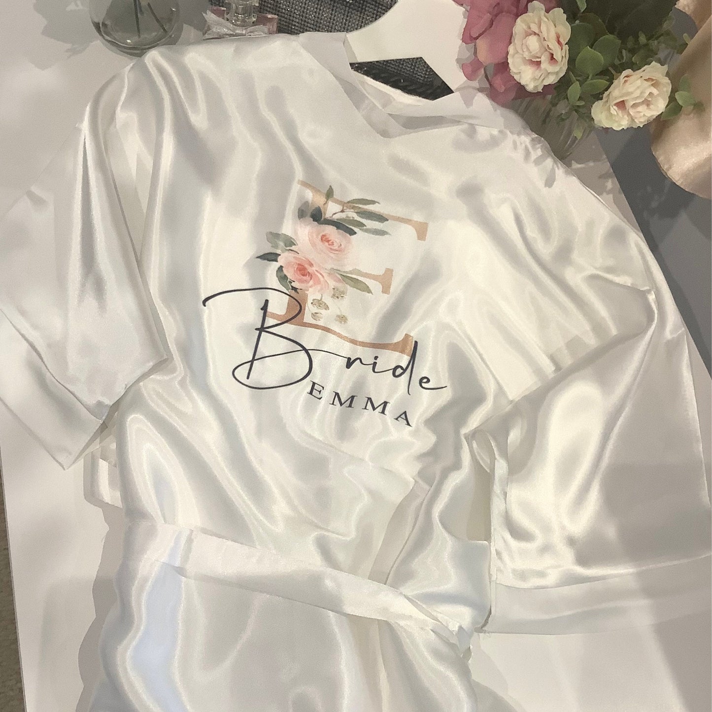 Plus size bridesmaid printed satin robes, bridal party dressing gowns, personalised blue wedding robes