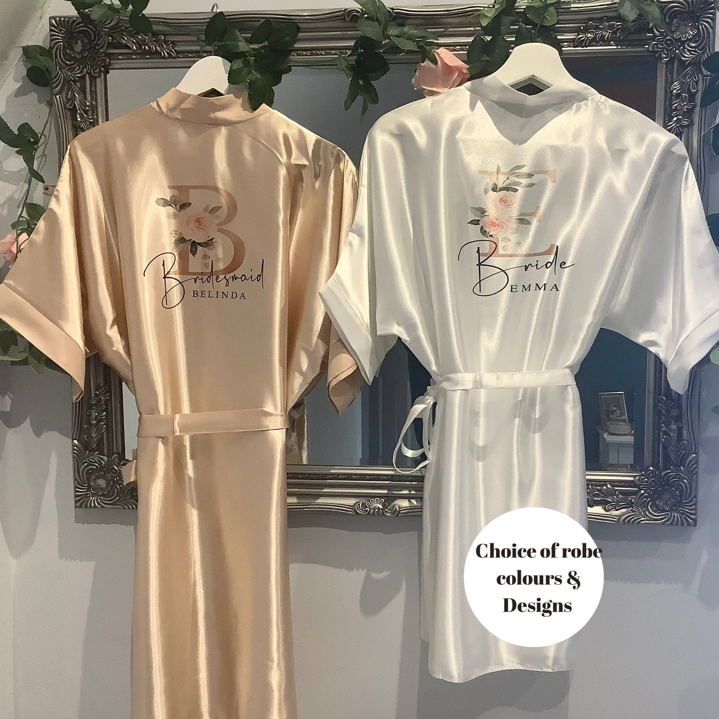 Plus size bridesmaid printed satin robes, bridal party dressing gowns, personalised blue wedding robes