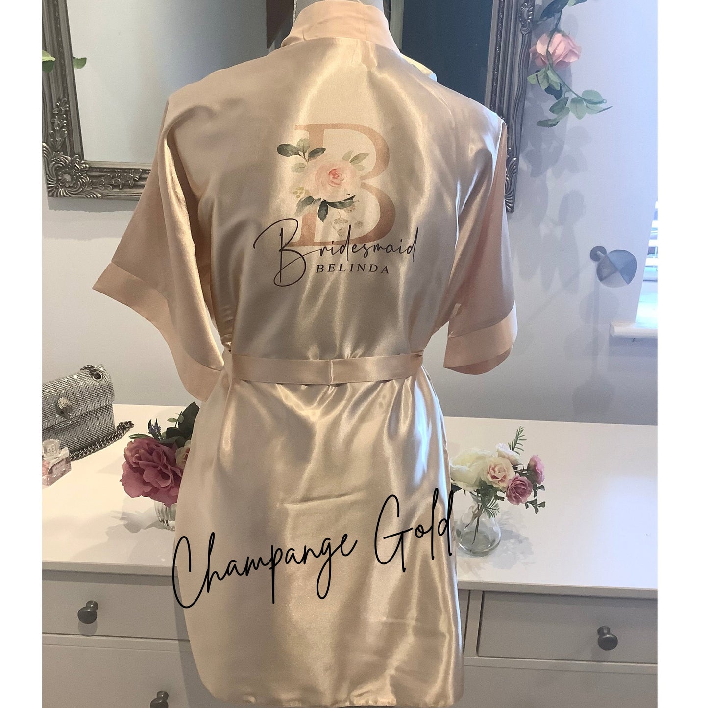 Plus size bridesmaid printed satin robes, bridal party dressing gowns, personalised blue wedding robes