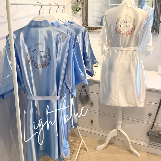 Plus size bridesmaid printed satin robes, bridal party dressing gowns, personalised blue wedding robes
