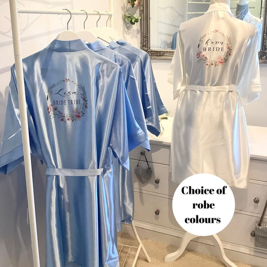 Plus size bridesmaid printed satin robes, bridal party dressing gowns, personalised blue wedding robes