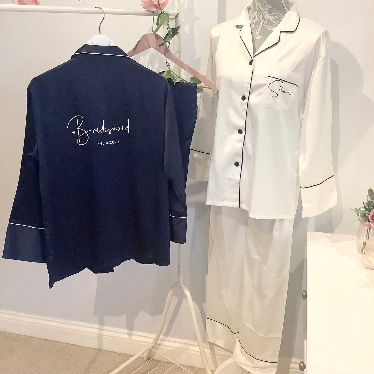 Personalised bridal Satin Pyjamas, Long Trouser PJs, Bridesmaid Gift