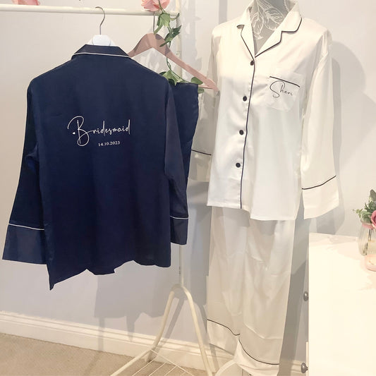 Personalised bridal Satin Pyjamas, Long Trouser PJs, Bridesmaid Gift