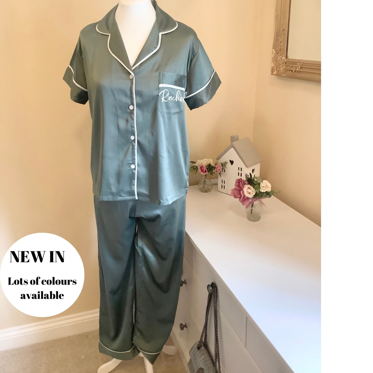 Bridesmaid matte satin long trouser short sleeved Pyjama Set, custom wedding pyjamas