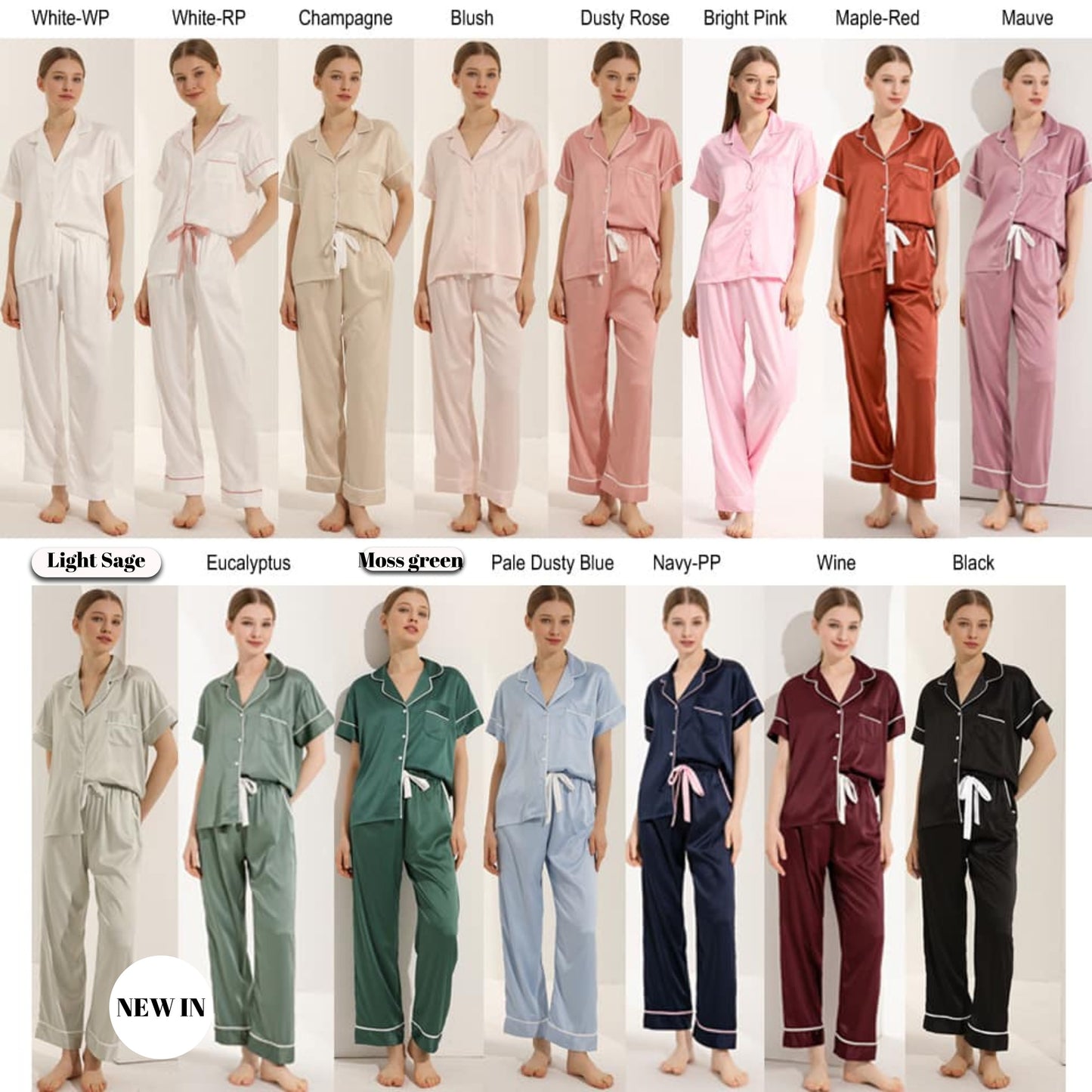 Bridesmaid matte satin long trouser short sleeved Pyjama Set, custom wedding pyjamas