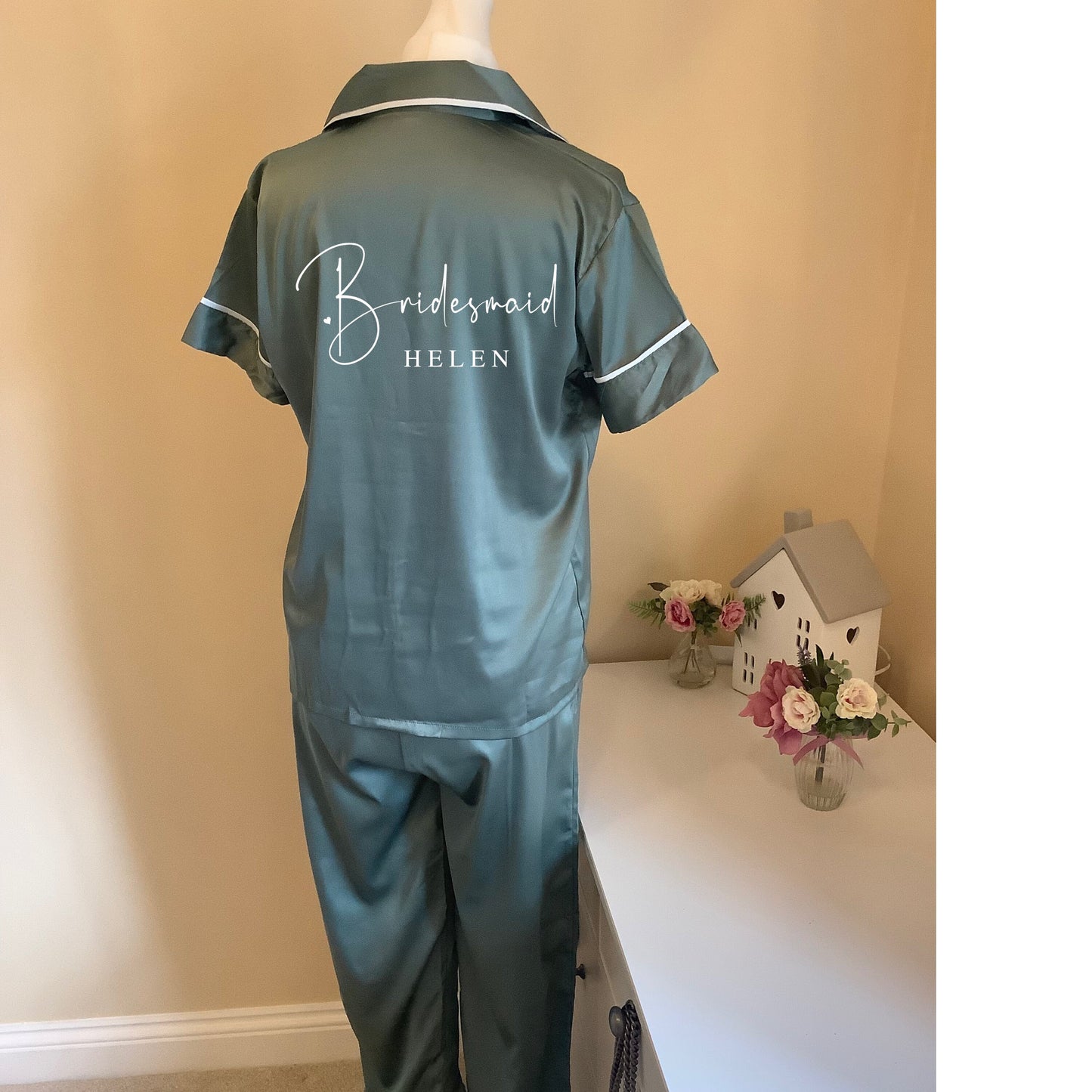 Bridesmaid matte satin long trouser short sleeved Pyjama Set, custom wedding pyjamas