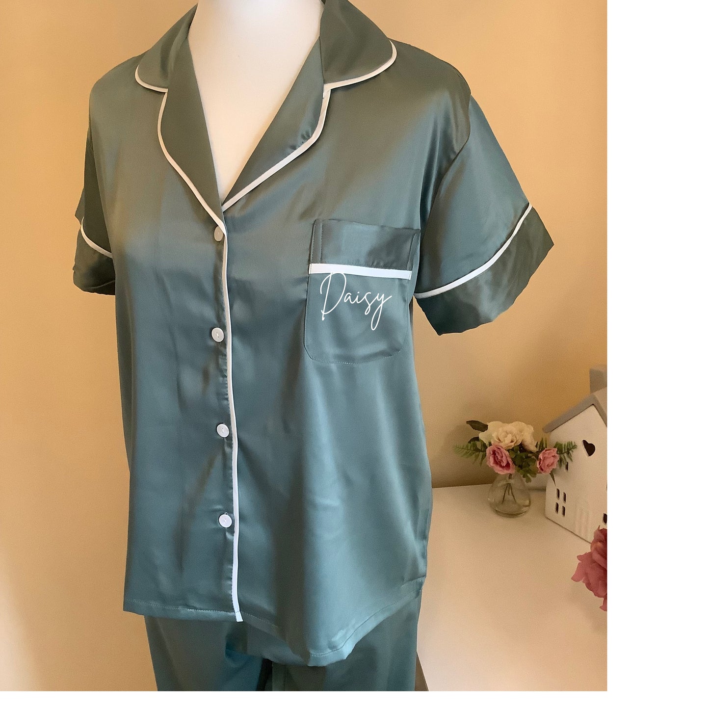 Bridesmaid matte satin long trouser short sleeved Pyjama Set, custom wedding pyjamas