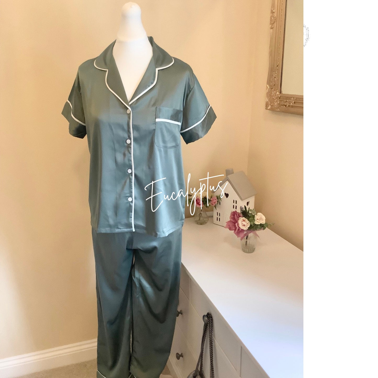 Bridesmaid matte satin long trouser short sleeved Pyjama Set, custom wedding pyjamas