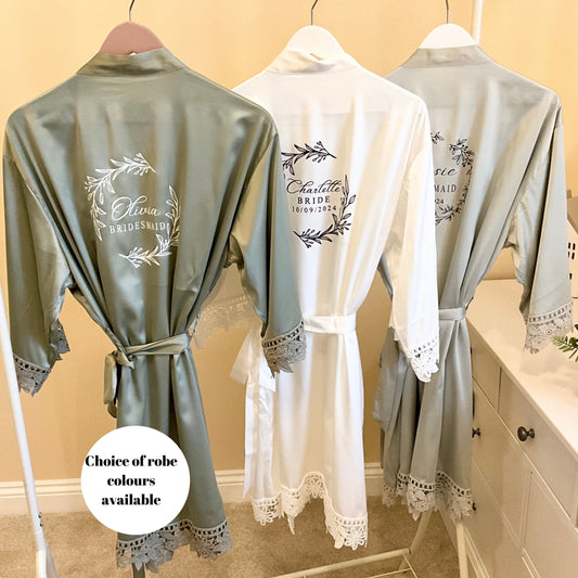Bridesmaid Lace Robes  Personalised Wreath Name Design | Custom Bridal Party Gift