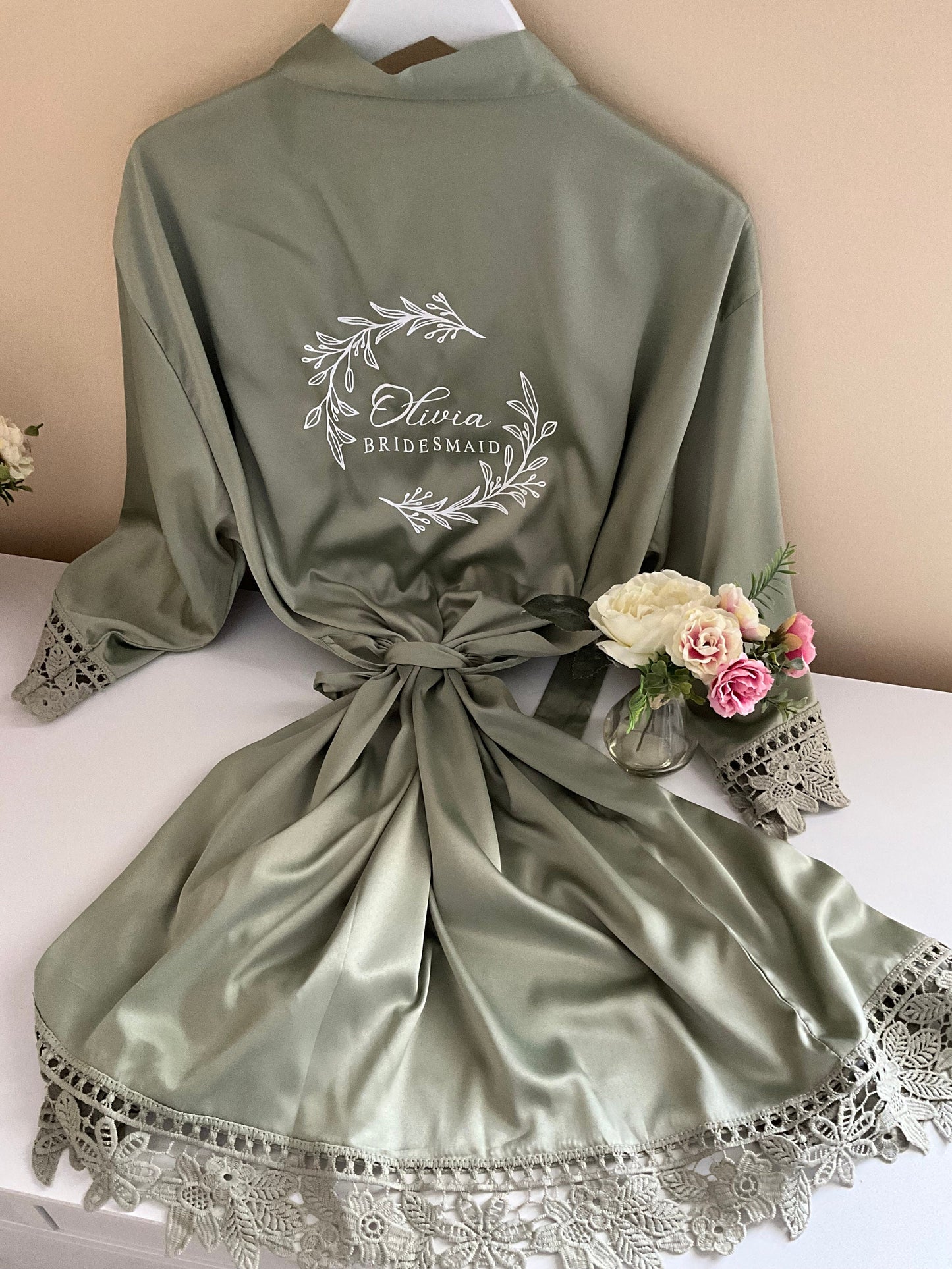 Bridesmaid Lace Robes  Personalised Wreath Name Design | Custom Bridal Party Gift