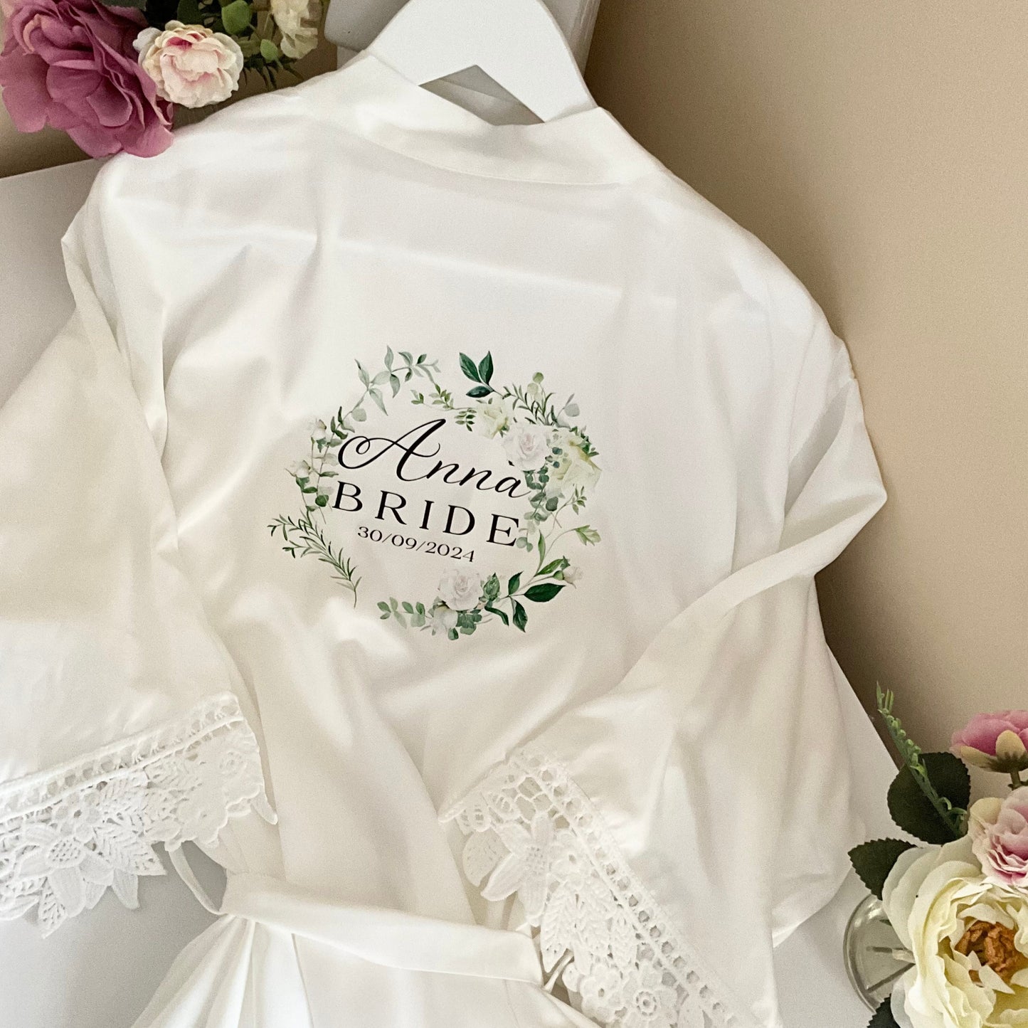 Personalised Bridal Party Robes with Lace Trim - Bridesmaid, Bride, Maid Honour