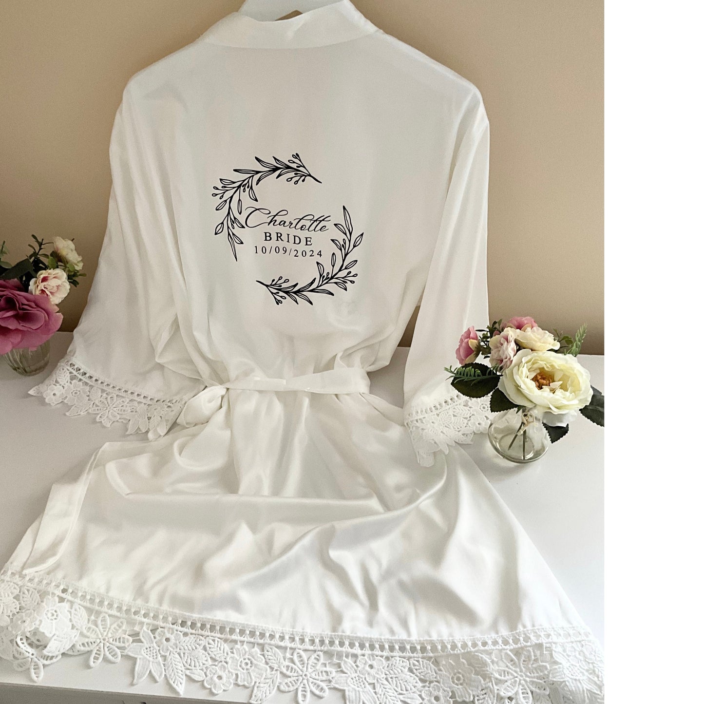Bridesmaid Lace Robes  Personalised Wreath Name Design | Custom Bridal Party Gift