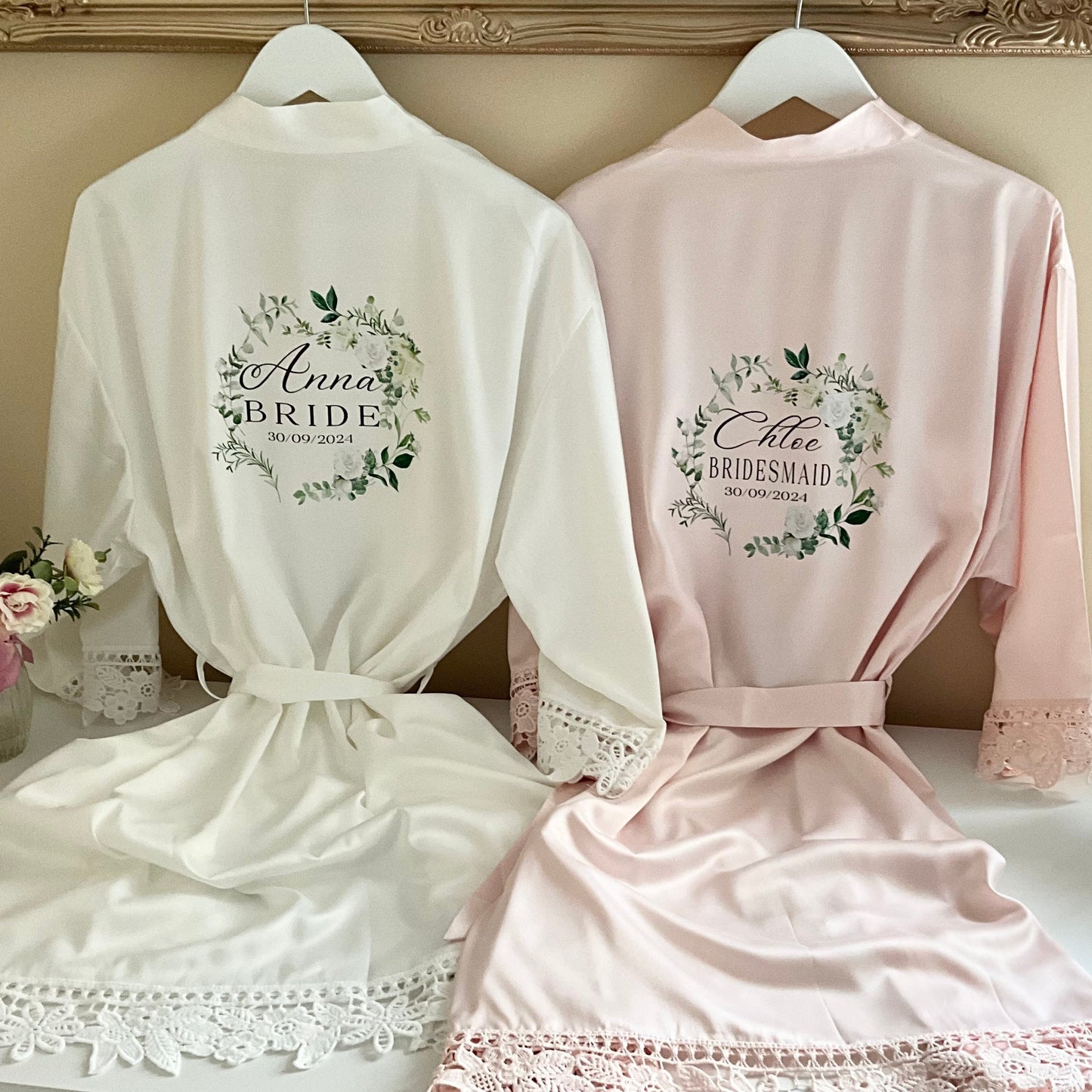Personalised Bridal Party Robes with Lace Trim - Bridesmaid, Bride, Maid Honour