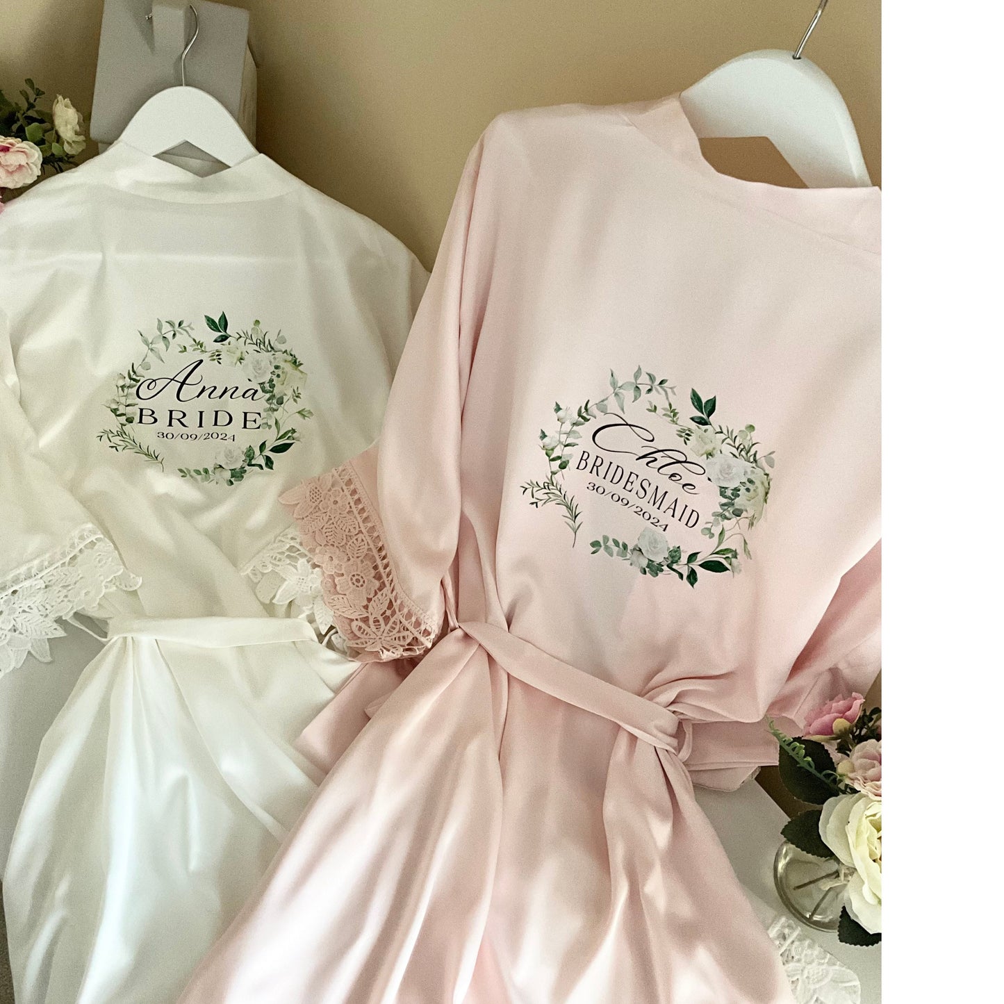 Personalised Bridal Party Robes with Lace Trim - Bridesmaid, Bride, Maid Honour